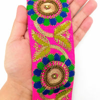 Thumbnail for Fuchsia Art Silk Lace Trim, Floral Embroidery in Green and Blue, Hand Embroidered Border with Antique Gold beads and Gold Sequins