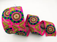 Thumbnail for Fuchsia Art Silk Lace Trim, Floral Embroidery in Green and Blue, Hand Embroidered Border with Antique Gold beads and Gold Sequins
