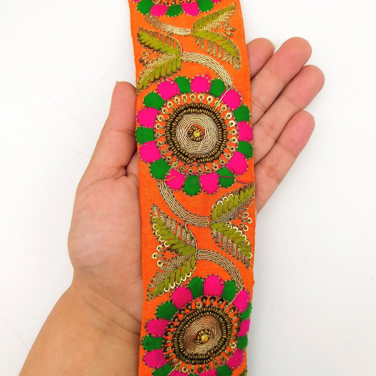 Orange Art Silk Lace Trim, Floral Embroidery in Green and Fuchsia, Hand Embroidered Border with Antique Gold beads and Gold Sequins