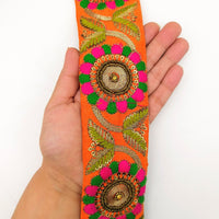 Thumbnail for Orange Art Silk Lace Trim, Floral Embroidery in Green and Fuchsia, Hand Embroidered Border with Antique Gold beads and Gold Sequins