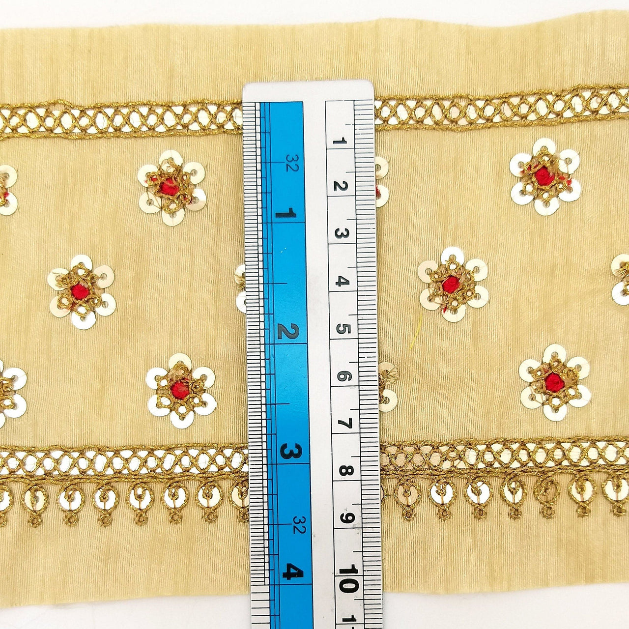 Beige Silk Trim In Red and Gold Sequins Floral Embroidery, Indian Sari Border Trim By Yard Decorative Trim Craft Lace