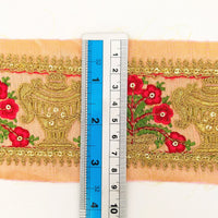 Thumbnail for Peach Silk Trim With Floral Embroidery in Red, Green & Antique Gold, Indian Sari Border Trim By Yard Decorative Trim Craft Lace