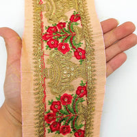 Thumbnail for Peach Silk Trim With Floral Embroidery in Red, Green & Antique Gold, Indian Sari Border Trim By Yard Decorative Trim Craft Lace