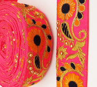 Thumbnail for Pink Art Silk Lace Trim, Floral Embroidery in Orange, Black and Gold