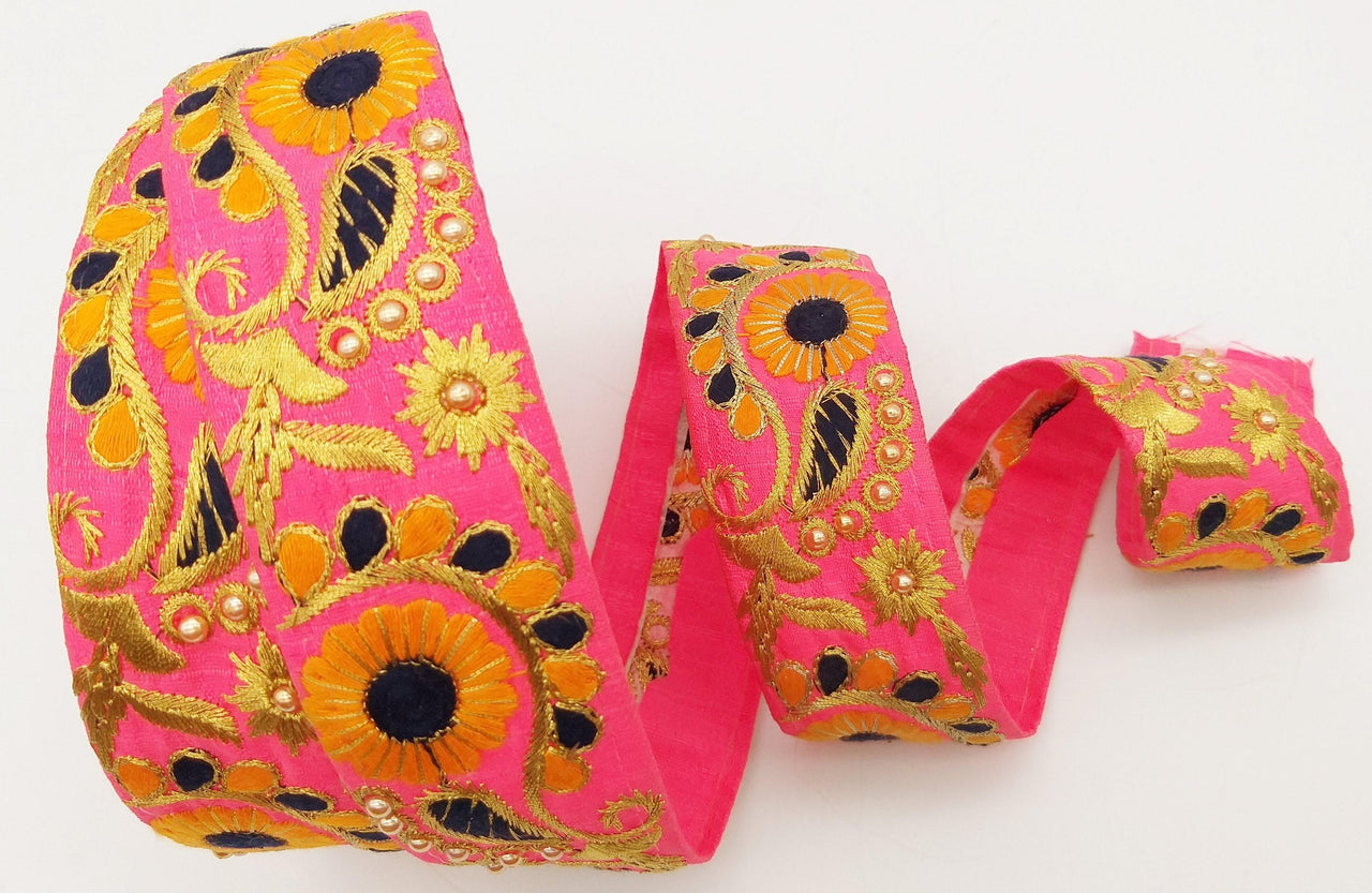 Pink Art Silk Lace Trim, Floral Embroidery in Orange, Black and Gold