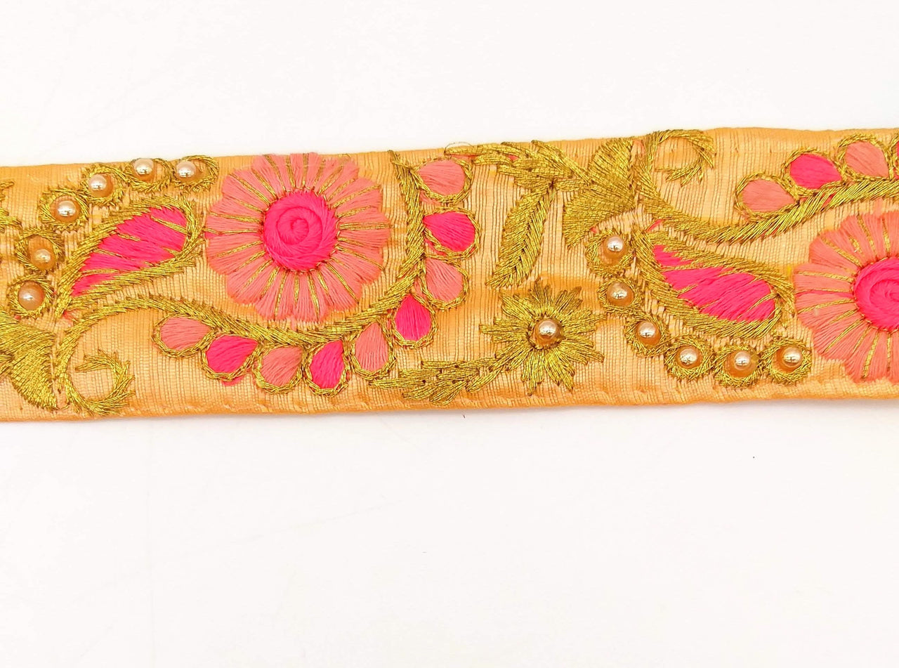 Peach Art Silk Lace Trim, Floral Embroidery in Pink, Fuchsia and Gold