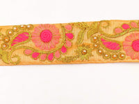Thumbnail for Peach Art Silk Lace Trim, Floral Embroidery in Pink, Fuchsia and Gold