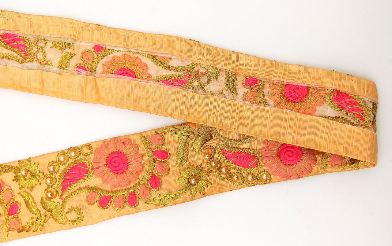 Peach Art Silk Lace Trim, Floral Embroidery in Pink, Fuchsia and Gold
