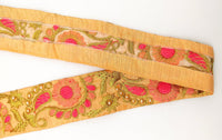 Thumbnail for Peach Art Silk Lace Trim, Floral Embroidery in Pink, Fuchsia and Gold