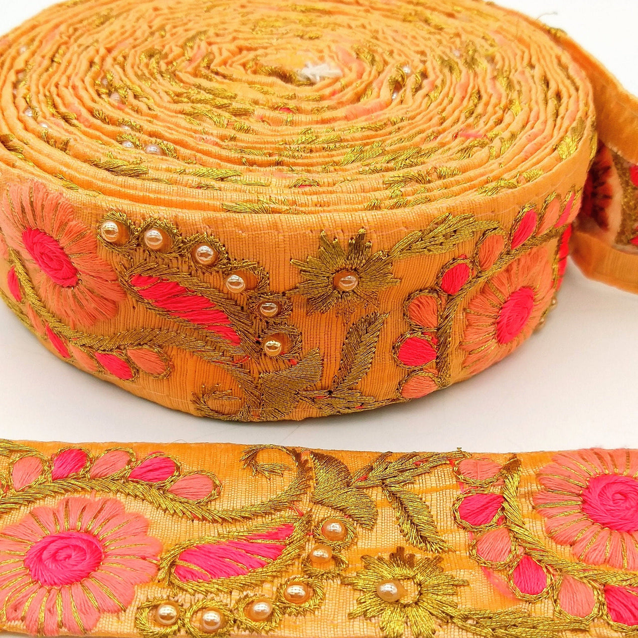 Peach Art Silk Lace Trim, Floral Embroidery in Pink, Fuchsia and Gold