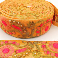 Thumbnail for Peach Art Silk Lace Trim, Floral Embroidery in Pink, Fuchsia and Gold