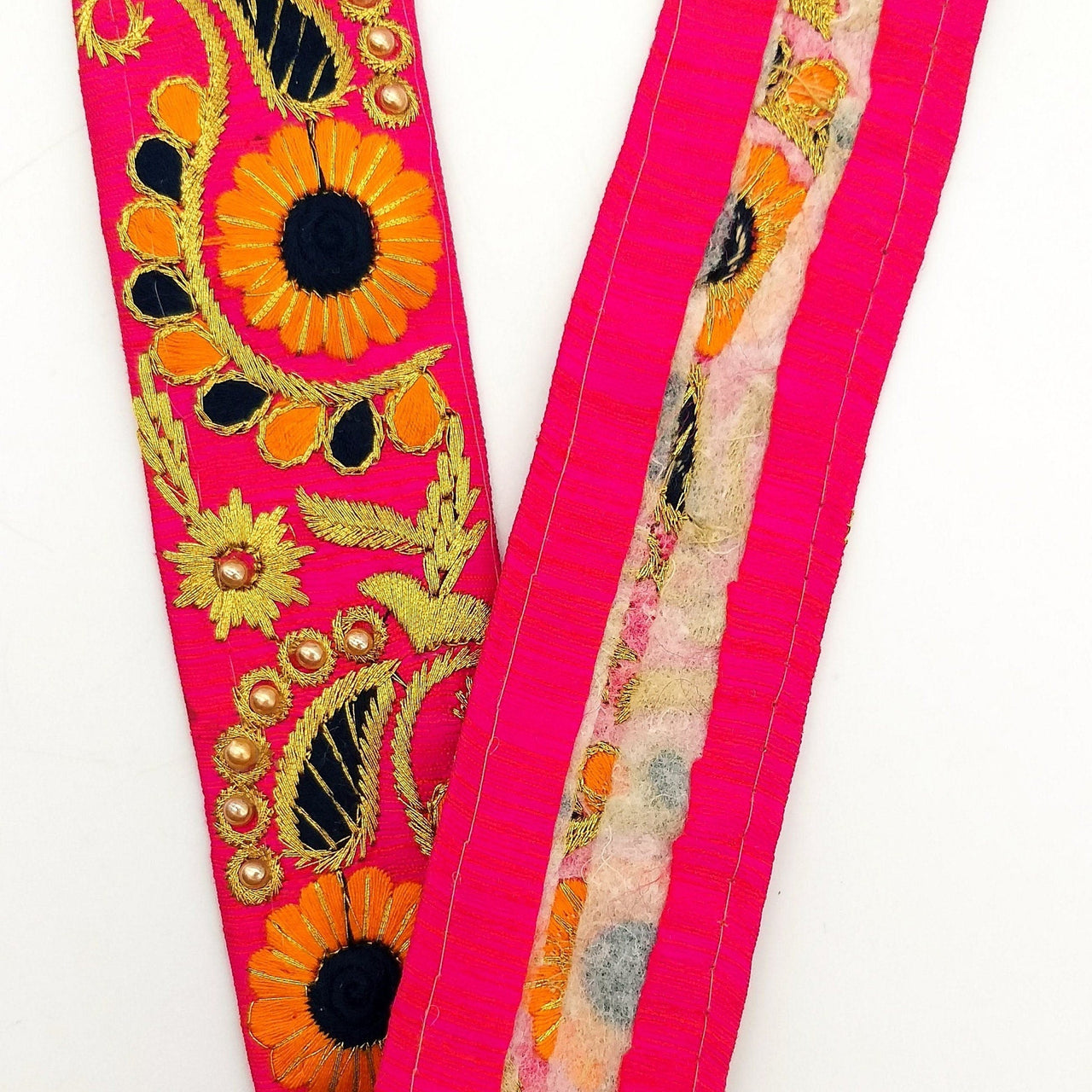 Fuchsia Pink Art Silk Lace Trim, Floral Embroidery in Orange, Black and Gold