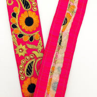 Thumbnail for Fuchsia Pink Art Silk Lace Trim, Floral Embroidery in Orange, Black and Gold