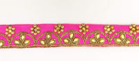 Thumbnail for Fuchsia Silk Fabric Lace Trim Floral Embroidery & Indian Stones Kundan Embellishment, Decorative Sari Trim, Floral Border Trim By Yard