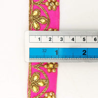 Thumbnail for Fuchsia Silk Fabric Lace Trim Floral Embroidery & Indian Stones Kundan Embellishment, Decorative Sari Trim, Floral Border Trim By Yard