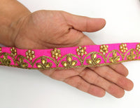 Thumbnail for Fuchsia Silk Fabric Lace Trim Floral Embroidery & Indian Stones Kundan Embellishment, Decorative Sari Trim, Floral Border Trim By Yard