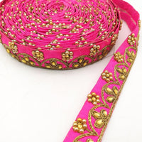 Thumbnail for Fuchsia Silk Fabric Lace Trim Floral Embroidery & Indian Stones Kundan Embellishment, Decorative Sari Trim, Floral Border Trim By Yard