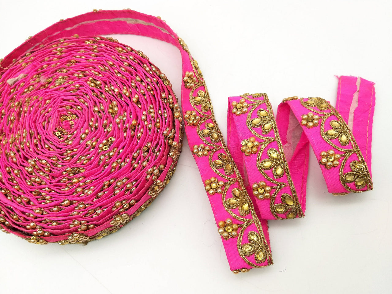 Fuchsia Silk Fabric Lace Trim Floral Embroidery & Indian Stones Kundan Embellishment, Decorative Sari Trim, Floral Border Trim By Yard