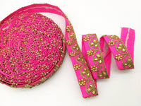 Thumbnail for Fuchsia Silk Fabric Lace Trim Floral Embroidery & Indian Stones Kundan Embellishment, Decorative Sari Trim, Floral Border Trim By Yard