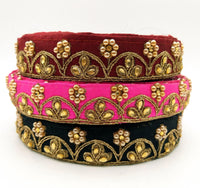 Thumbnail for Fuchsia Silk Fabric Lace Trim Floral Embroidery & Indian Stones Kundan Embellishment, Decorative Sari Trim, Floral Border Trim By Yard