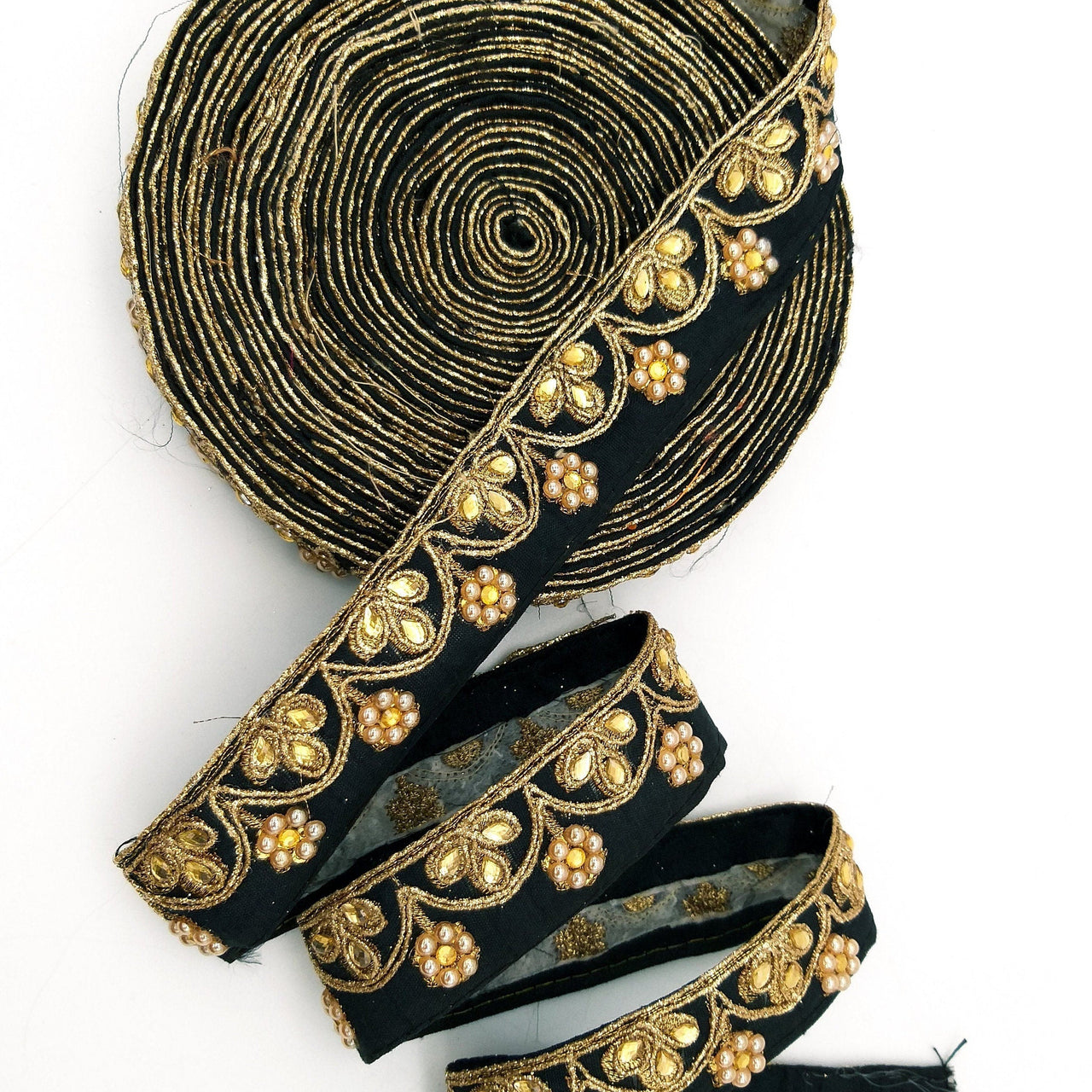 Black Silk Fabric Lace Trim Floral Embroidery & Indian Stones Kundan Embellishment, Decorative Sari Trim, Floral Border Trim By Yard