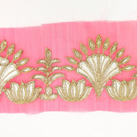 Thumbnail for Pink Tissue Fabric Lace Trim with Gota Patti Embroidery, Foiled Embroidery in Silver, Sari Border Trim By Yard Decorative Trim Craft Lace