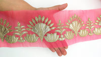Thumbnail for Pink Tissue Fabric Lace Trim with Gota Patti Embroidery, Foiled Embroidery in Silver, Sari Border Trim By Yard Decorative Trim Craft Lace