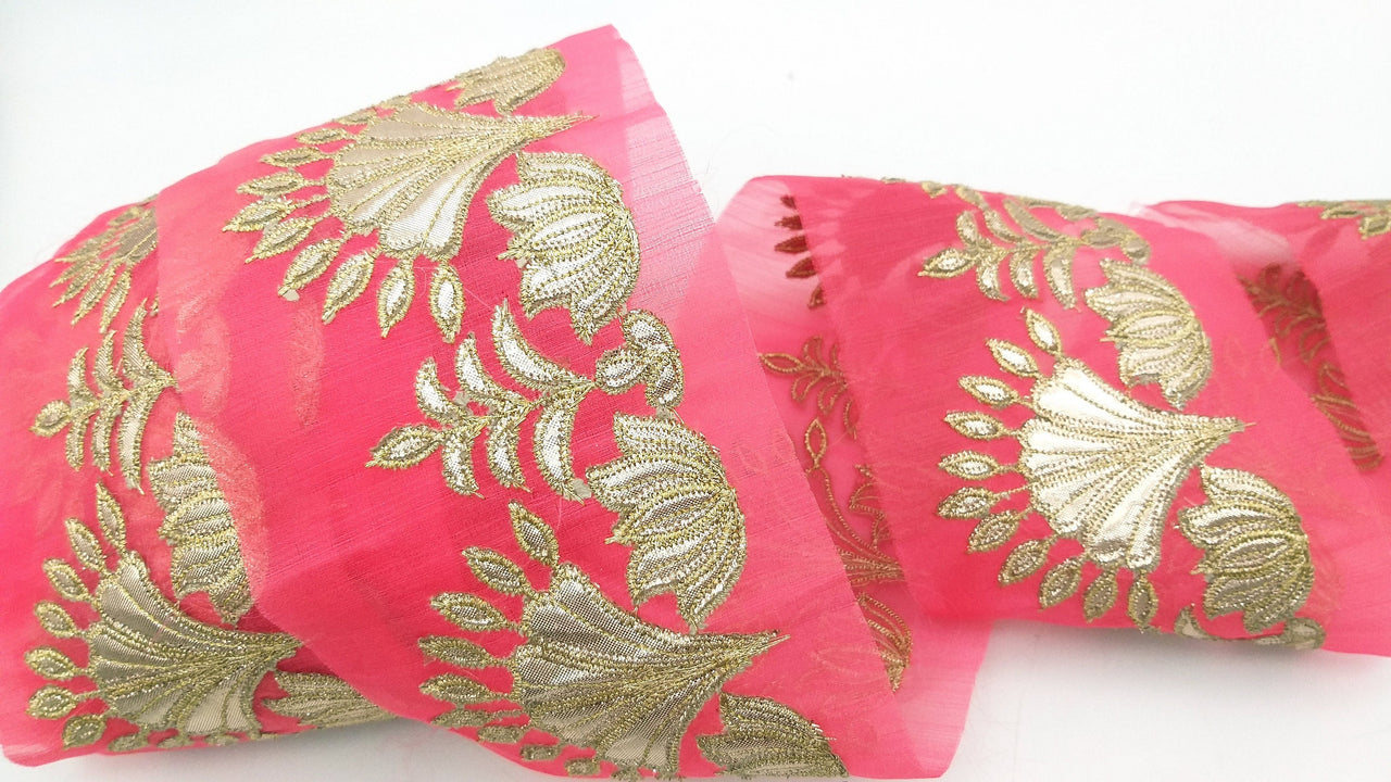 Pink Tissue Fabric Lace Trim with Gota Patti Embroidery, Foiled Embroidery in Silver, Sari Border Trim By Yard Decorative Trim Craft Lace