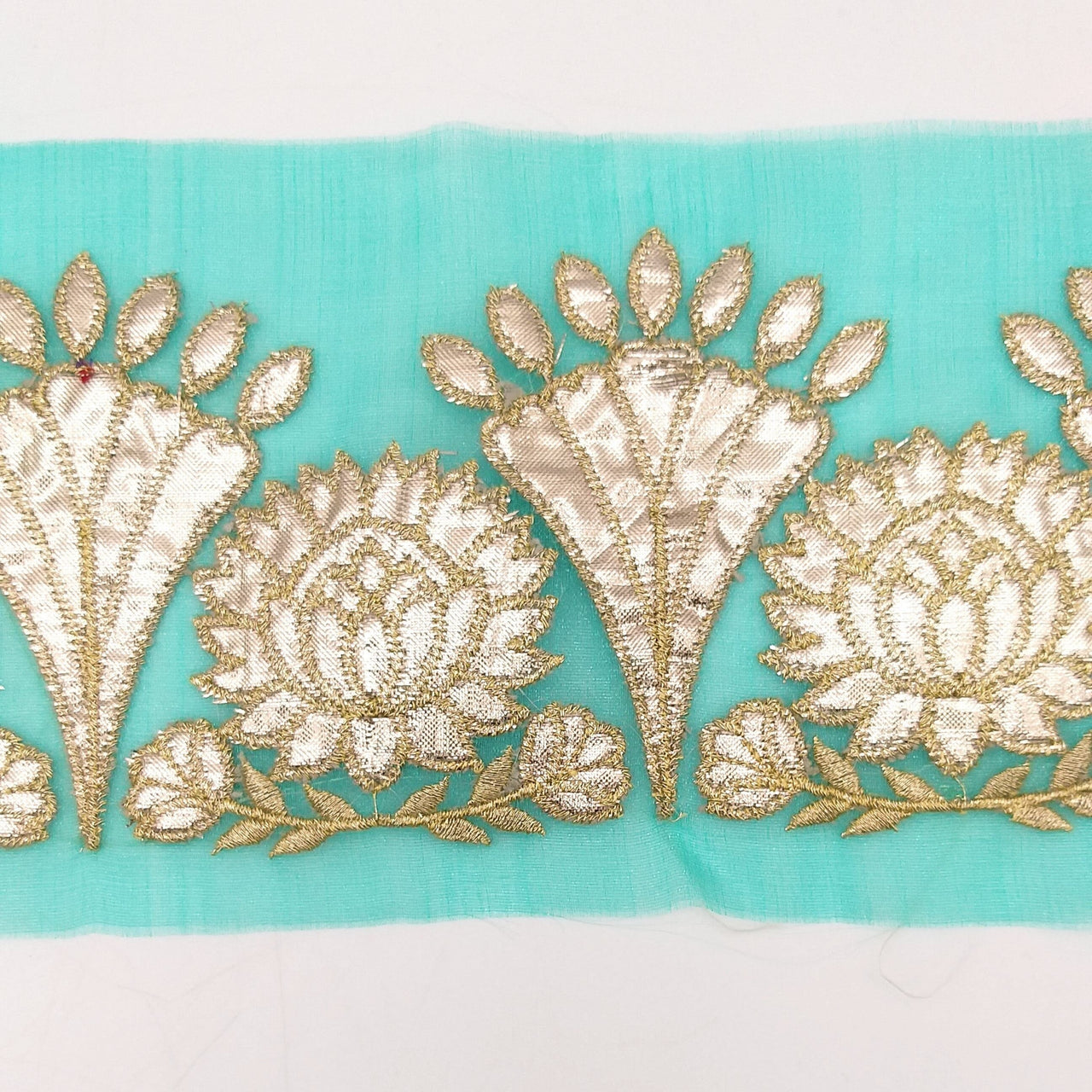 Blue Tissue Fabric Lace Trim with Gota Patti Embroidery, Foiled Embroidery in Silver, Sari Border Trim By Yard Decorative Trim Craft Lace