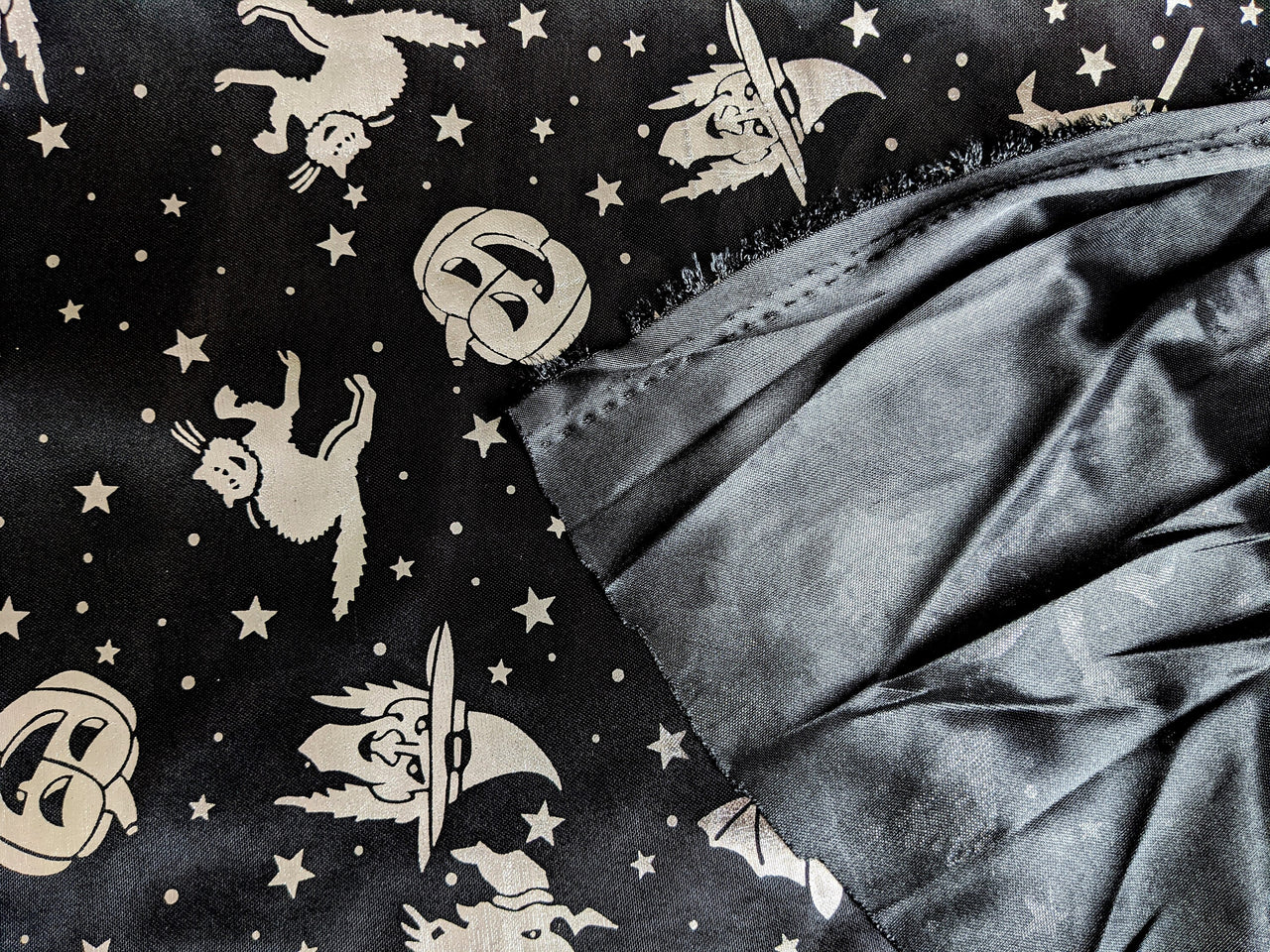 Black And Silver Halloween Pumpkin, Witch, Bats Foil Fabric