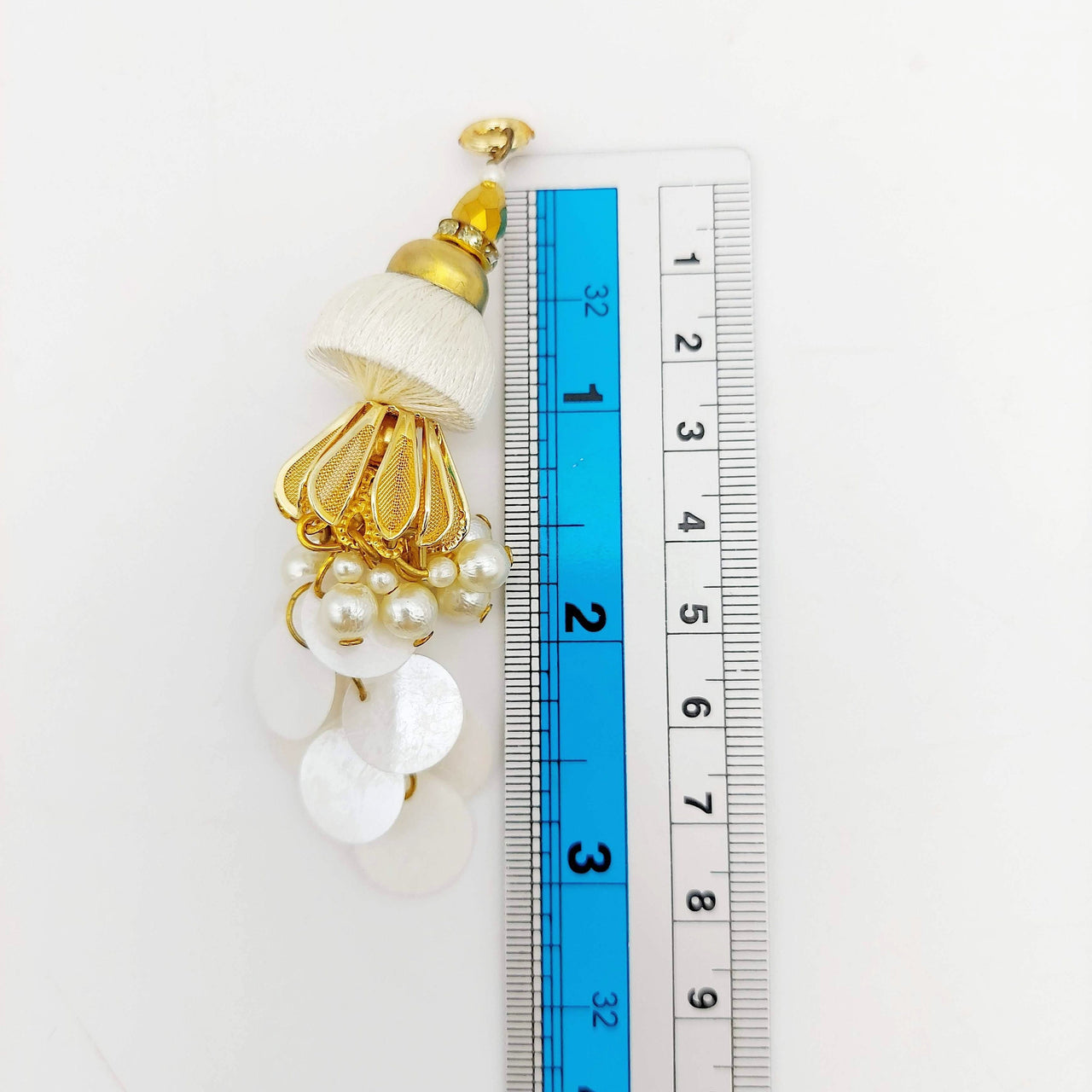 Handcrafted White And Gold Tassels Latkan In White Sequins and Pearl Beads, Indian Latkans, Sewing Latkans