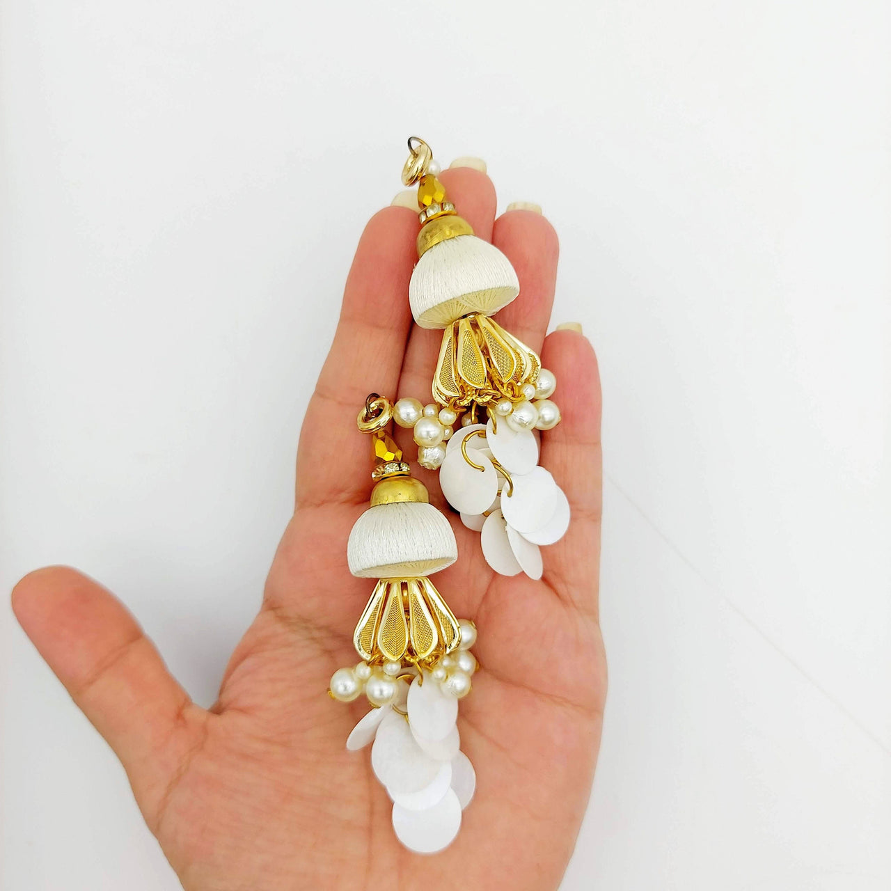 Handcrafted White And Gold Tassels Latkan In White Sequins and Pearl Beads, Indian Latkans, Sewing Latkans