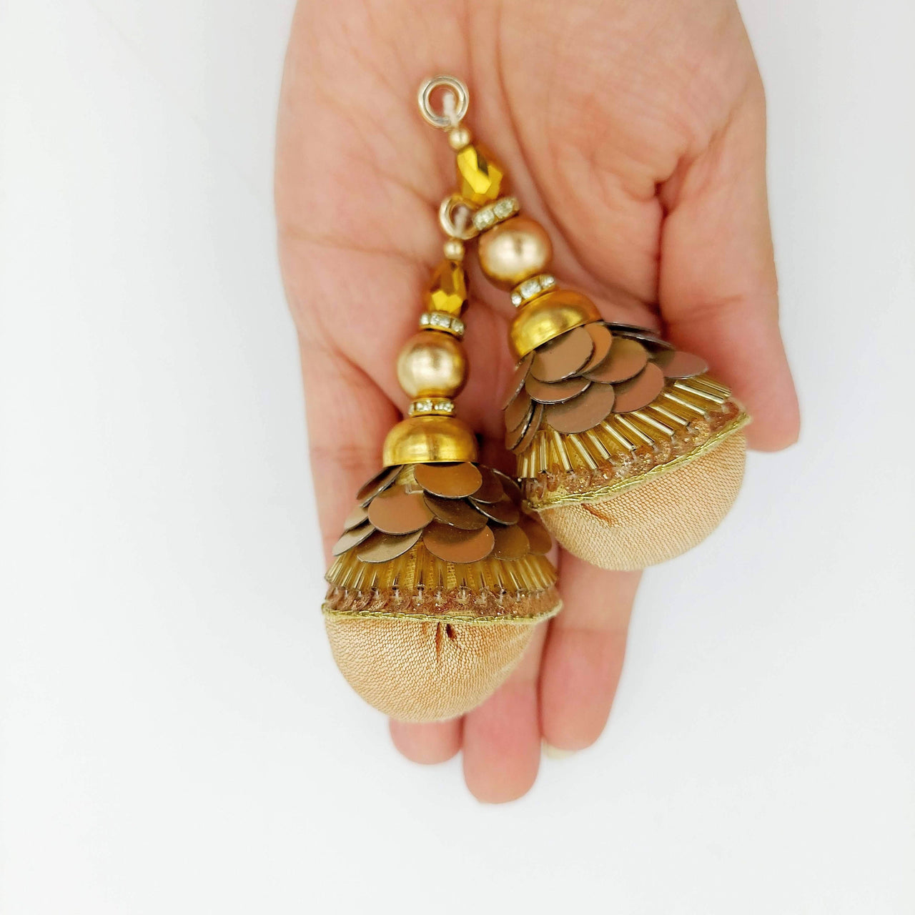 Copper Silk Fabric Ball Tassels with Bugle Beads and Metallic Sequins, Latkan, Dupatta Tassel