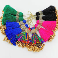Thumbnail for Royal Blue Tassels With Gold Beads, Beaded Thread Tassel Charms, Silky Tassels