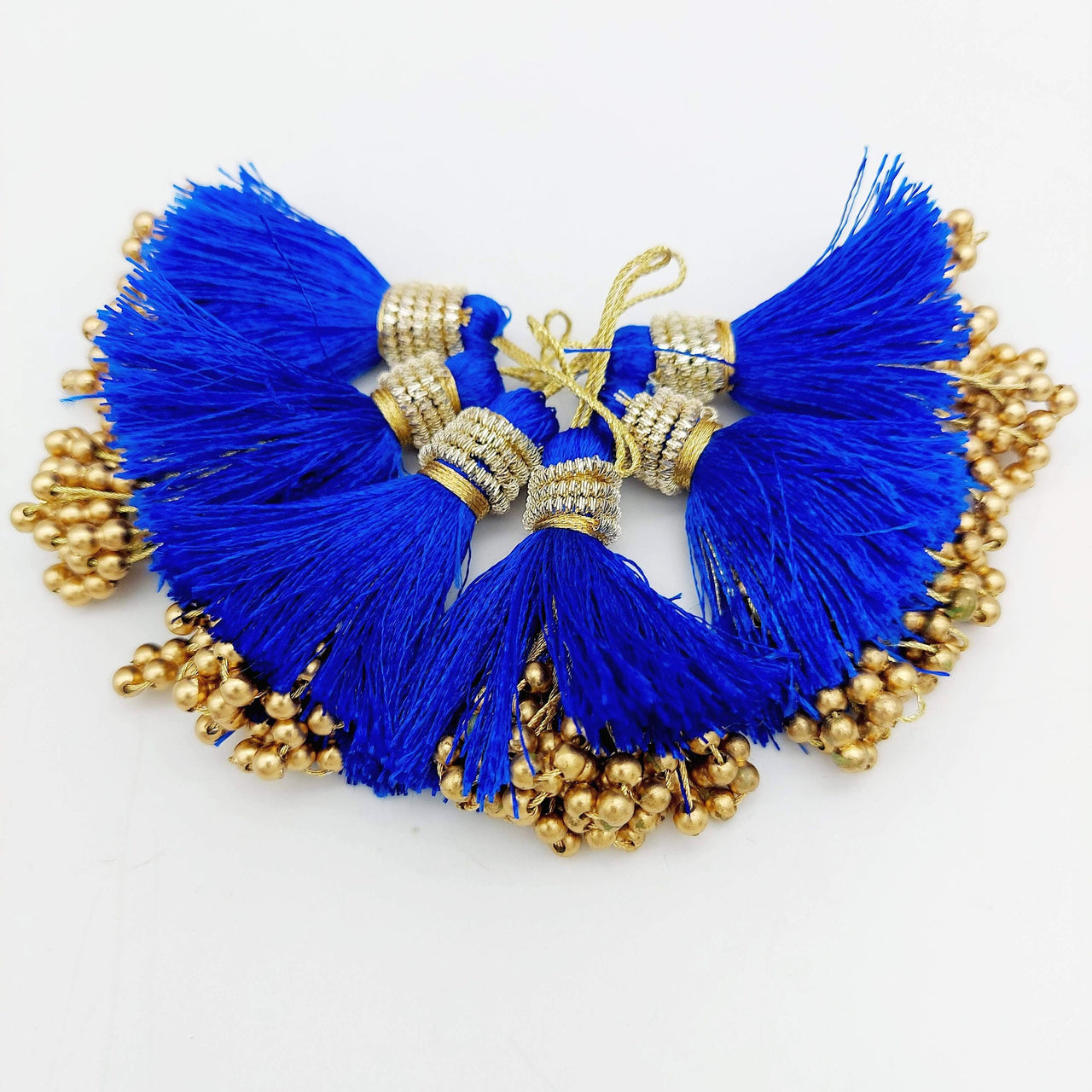 Royal Blue Tassels With Gold Beads, Beaded Thread Tassel Charms, Silky Tassels