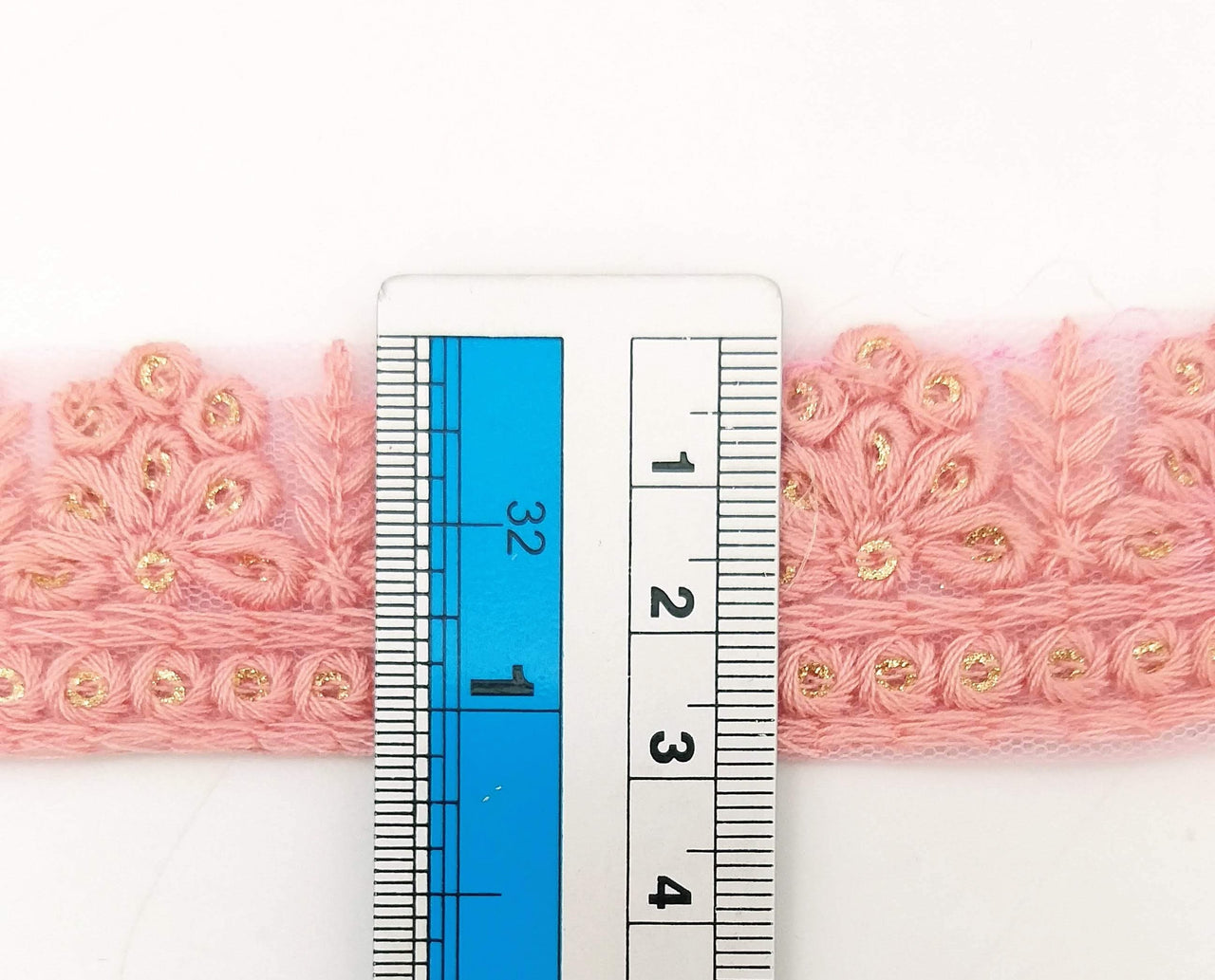 Pink Net Lace Trim With Floral Embroidery And Gold Sequins, Sequinned Trim, Wedding Trim Bridal Trim