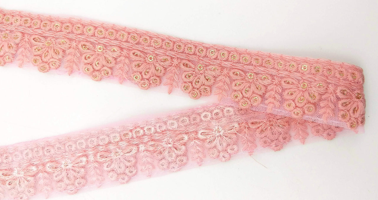Pink Net Lace Trim With Floral Embroidery And Gold Sequins, Sequinned Trim, Wedding Trim Bridal Trim