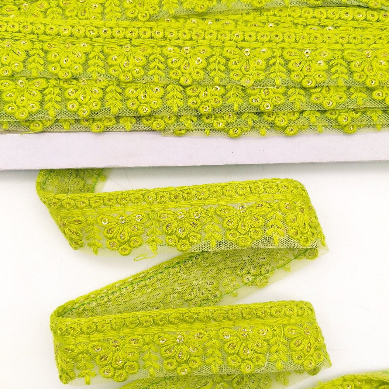 Green Net Lace Trim With Floral Embroidery And Gold Sequins, Sequinned Trim, Wedding Trim Bridal Trim