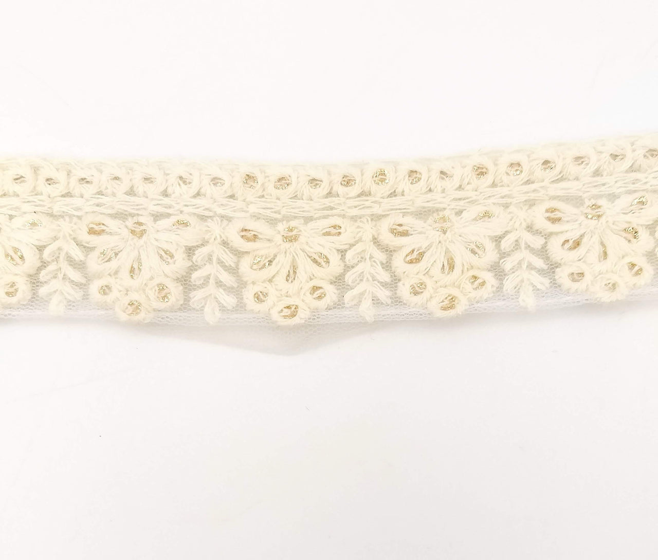 Off White Net Lace Trim With Floral Embroidery And Gold Sequins, Sequinned Trim, Wedding Trim Bridal Trim