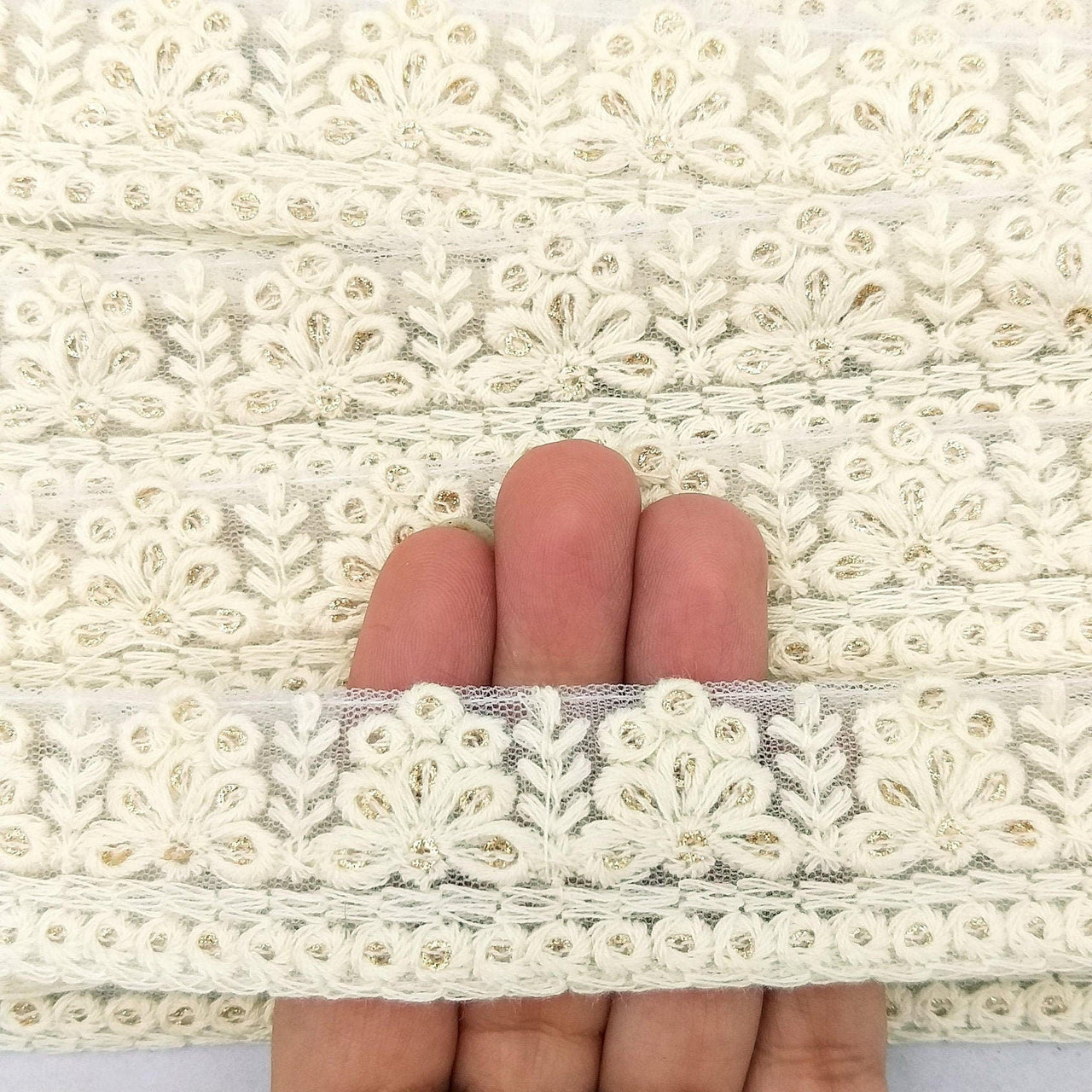 Off White Net Lace Trim With Floral Embroidery And Gold Sequins, Sequinned Trim, Wedding Trim Bridal Trim