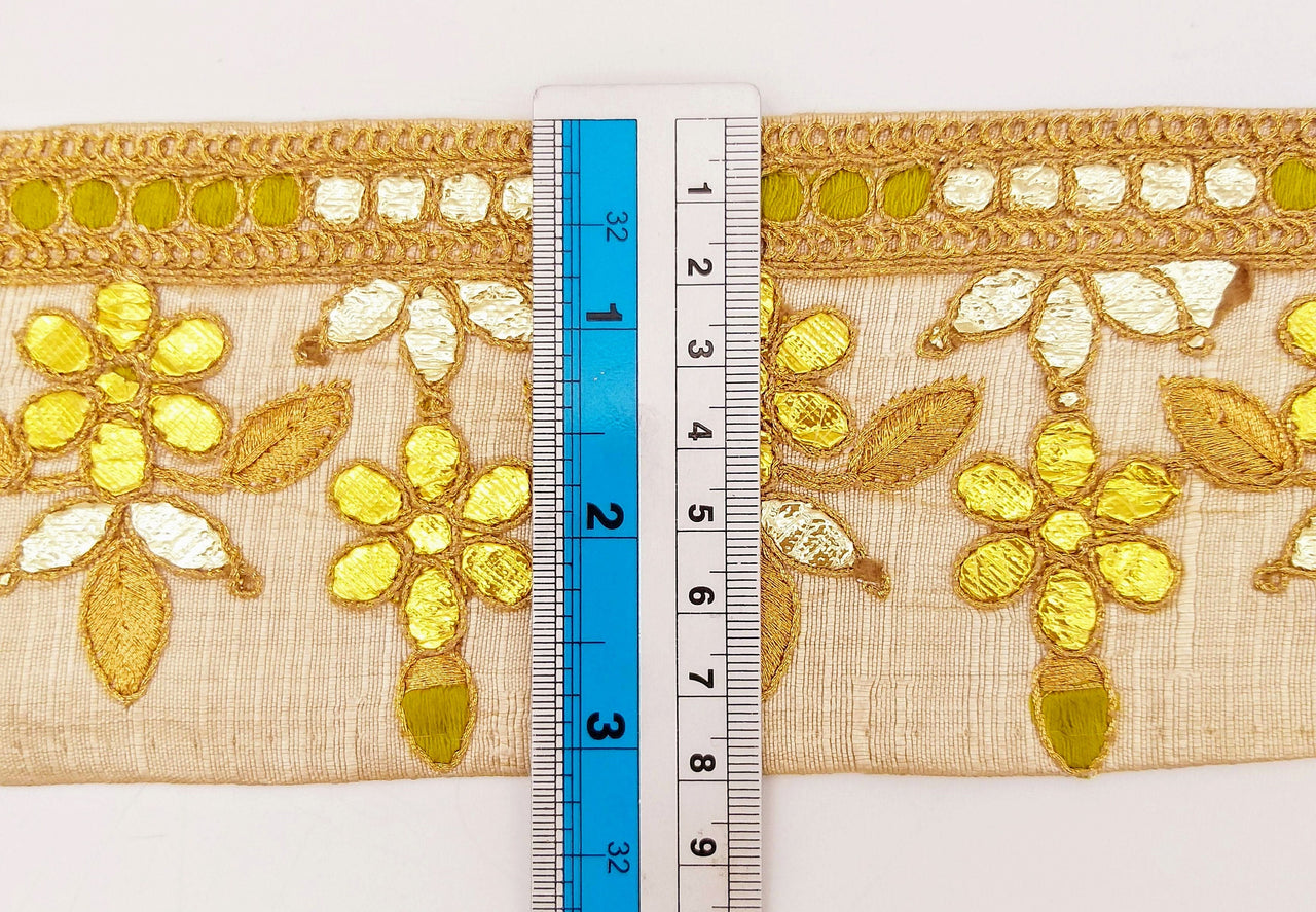Beige Art Silk Fabric Trim, Olive Green & Gold Floral Embroidery Gota Patti Indian Sari Border Trim By Yard Decorative Trim Craft Lace