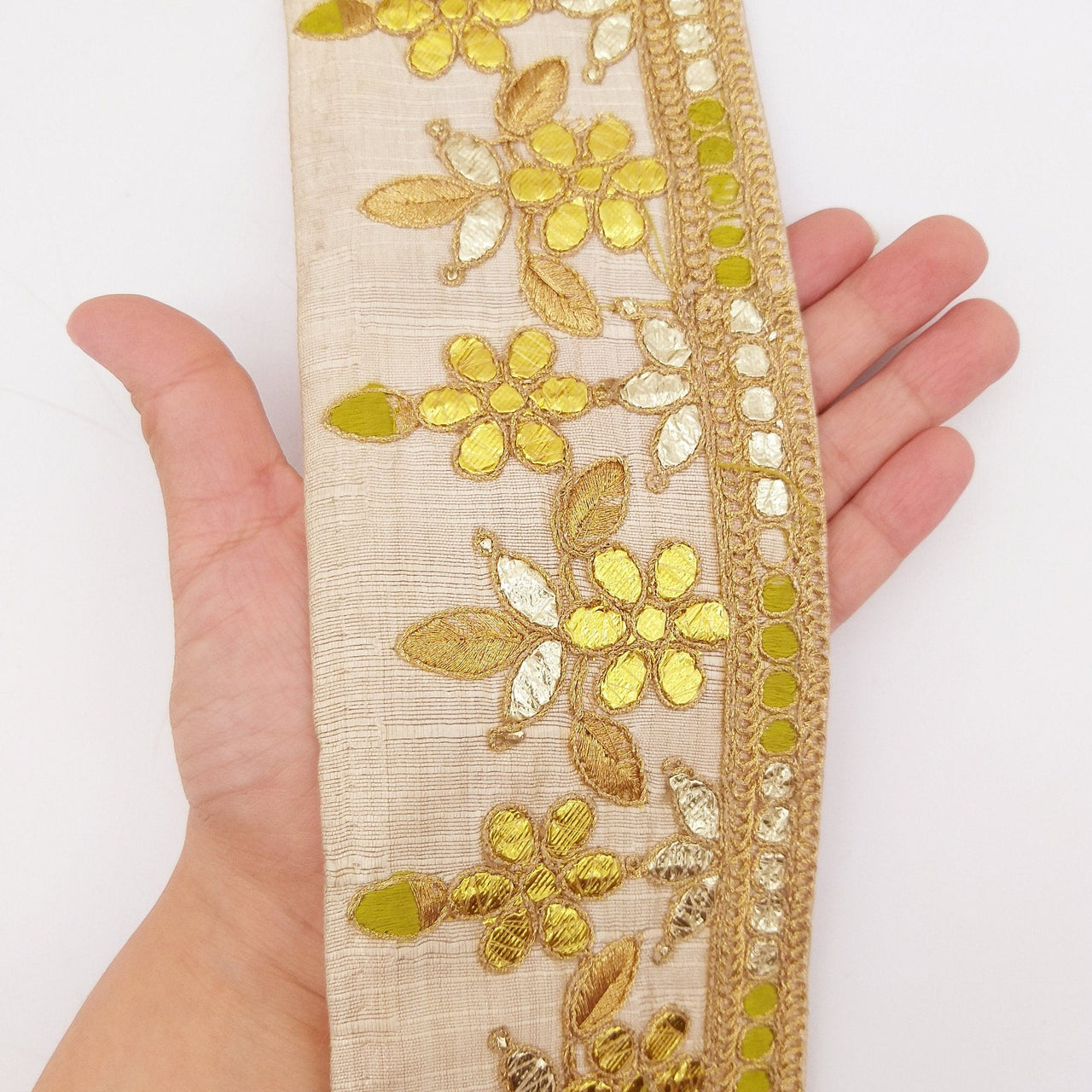 Beige Art Silk Fabric Trim, Olive Green & Gold Floral Embroidery Gota Patti Indian Sari Border Trim By Yard Decorative Trim Craft Lace