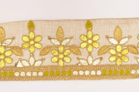 Thumbnail for Beige Art Silk Fabric Trim, Olive Green & Gold Floral Embroidery Gota Patti Indian Sari Border Trim By Yard Decorative Trim Craft Lace