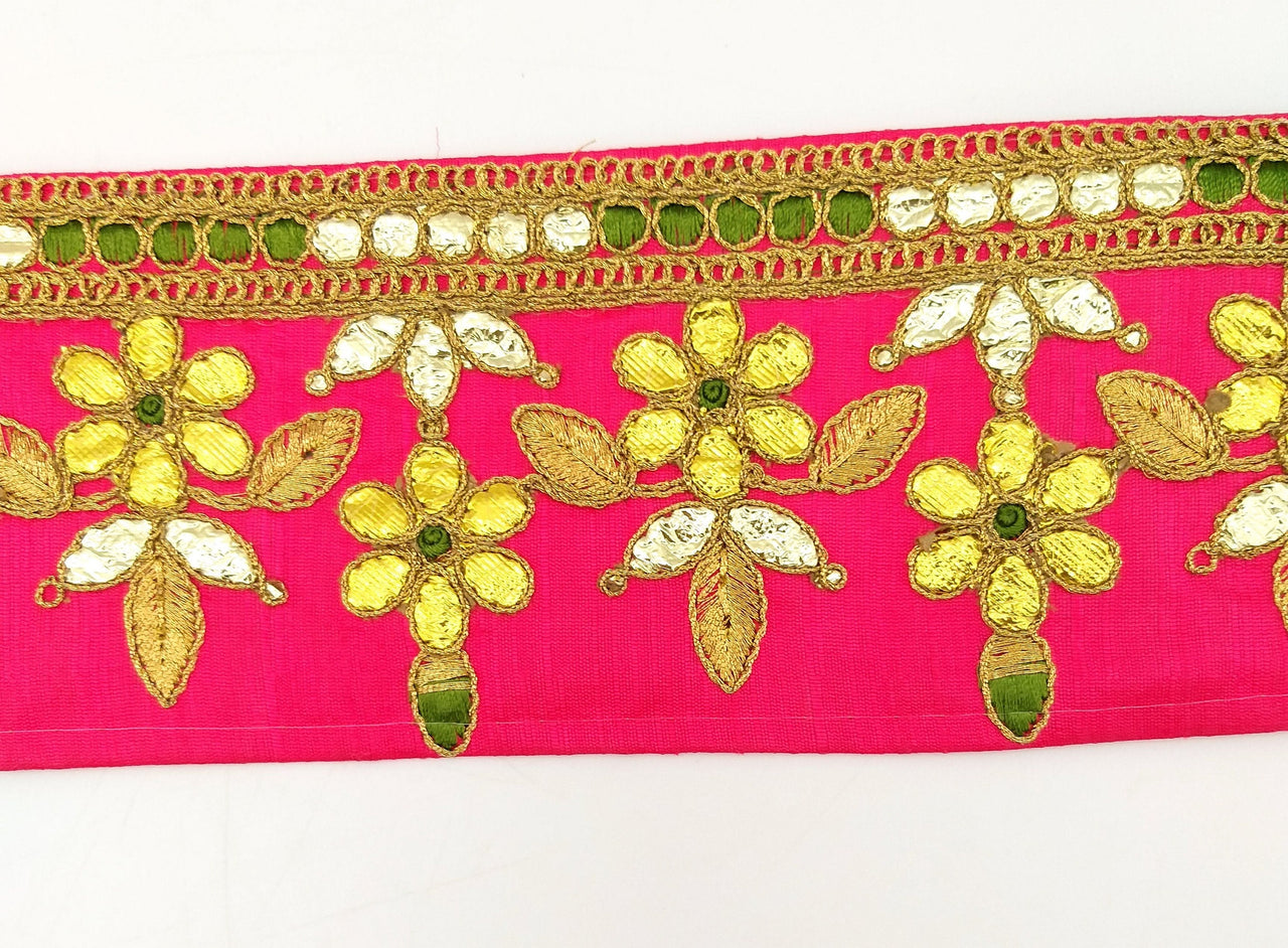 Radical Red Art Silk Fabric Trim, Green & Gold Floral Embroidery Gota Patti Indian Sari Border Trim By Yard Decorative Trim Craft Lace