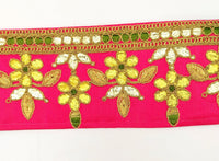 Thumbnail for Radical Red Art Silk Fabric Trim, Green & Gold Floral Embroidery Gota Patti Indian Sari Border Trim By Yard Decorative Trim Craft Lace