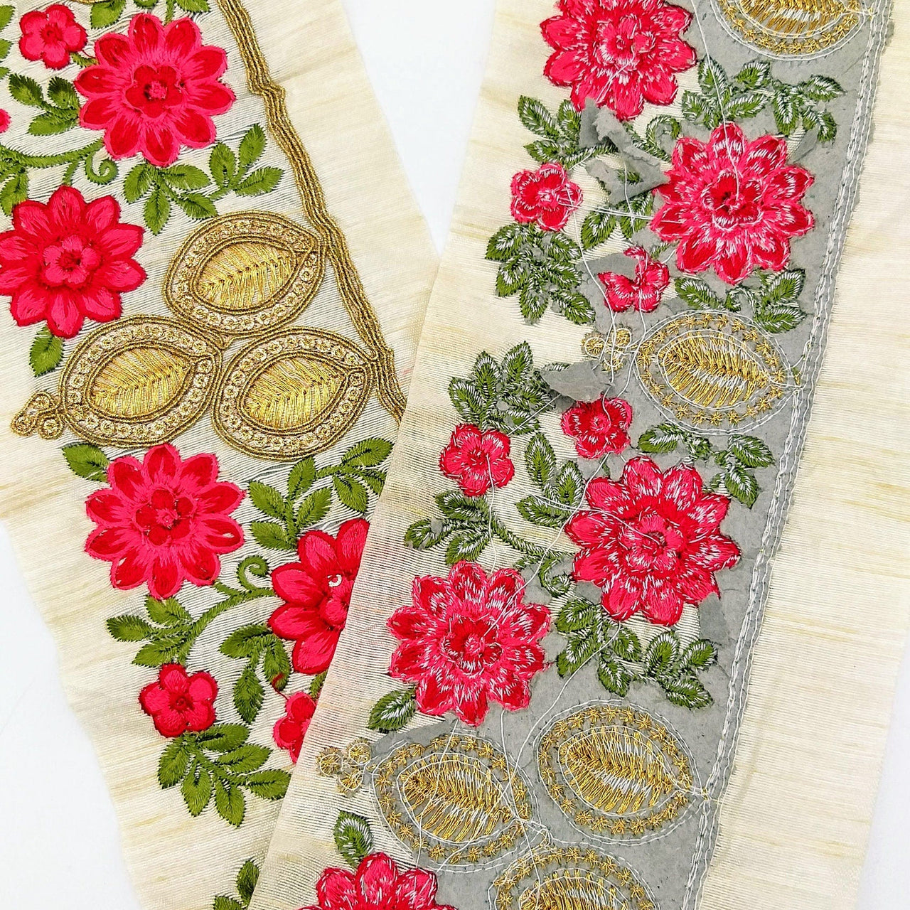 Beige Silk Fabric Trim, Green, Pink & Gold Floral Embroidery Indian Sari Border Trim By Yard Decorative Trim Craft Lace
