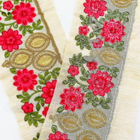 Thumbnail for Beige Silk Fabric Trim, Green, Pink & Gold Floral Embroidery Indian Sari Border Trim By Yard Decorative Trim Craft Lace