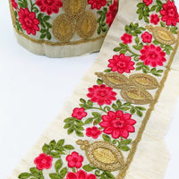 Thumbnail for Beige Silk Fabric Trim, Green, Pink & Gold Floral Embroidery Indian Sari Border Trim By Yard Decorative Trim Craft Lace