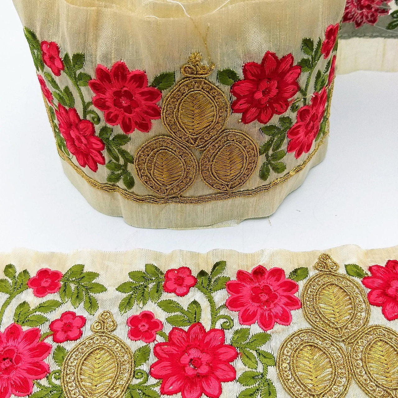 Beige Silk Fabric Trim, Green, Pink & Gold Floral Embroidery Indian Sari Border Trim By Yard Decorative Trim Craft Lace