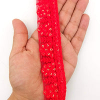 Thumbnail for Red Net Lace Trim With Floral Embroidery And Gold Sequins, Sequinned Trim, Wedding Trim Bridal Trim